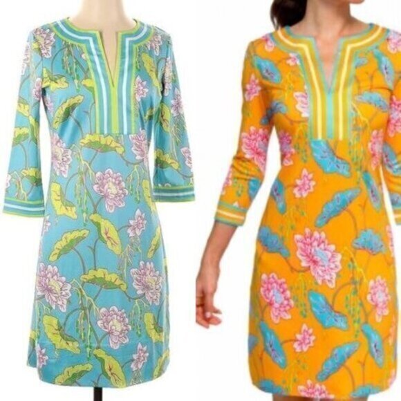 Gretchen Scott Designs Split Neck Jersey Dress Size XS Mystic Garden Turquoise - Picture 1 of 10